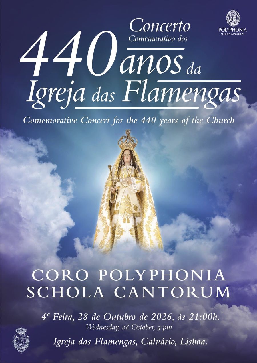 Cartaz do Concerto Comemorativo dos 440 anos da Igreja das Flamengas pelo Coro Polyphonia Schola Cantorum, quarta-feira, 28 de Outubro de 2026, às 21h00, com a imagem de Nossa Senhora da Quietação